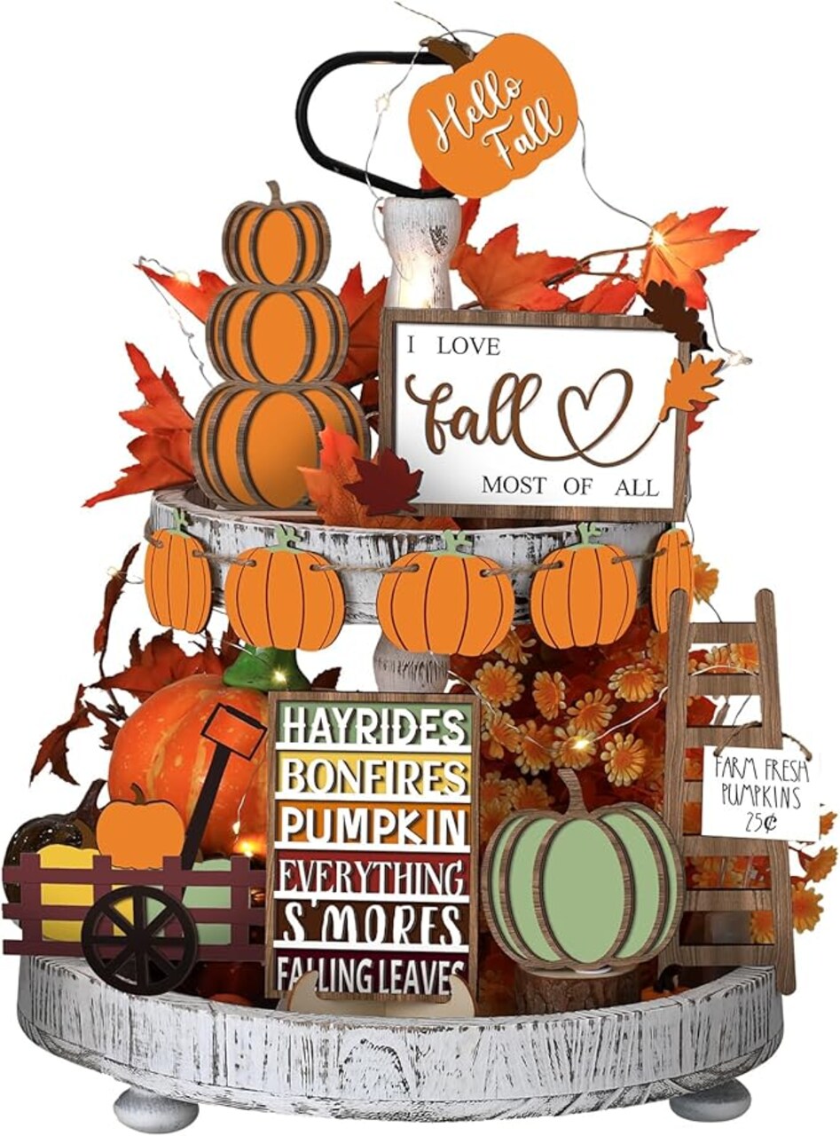 15 Piece Fall Tiered Tray Decor Set Hello Fall Decor Autumn Wood Signs Thanksgiving Orange Brown Table Signs Farmhouse Wooden Maple Pumpkin Gnomes Tabletop for Festival Home Decor (Harvest).